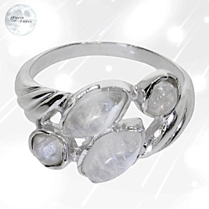 bague en pierre de lune naturelle véritable et argent rhodié pour femme