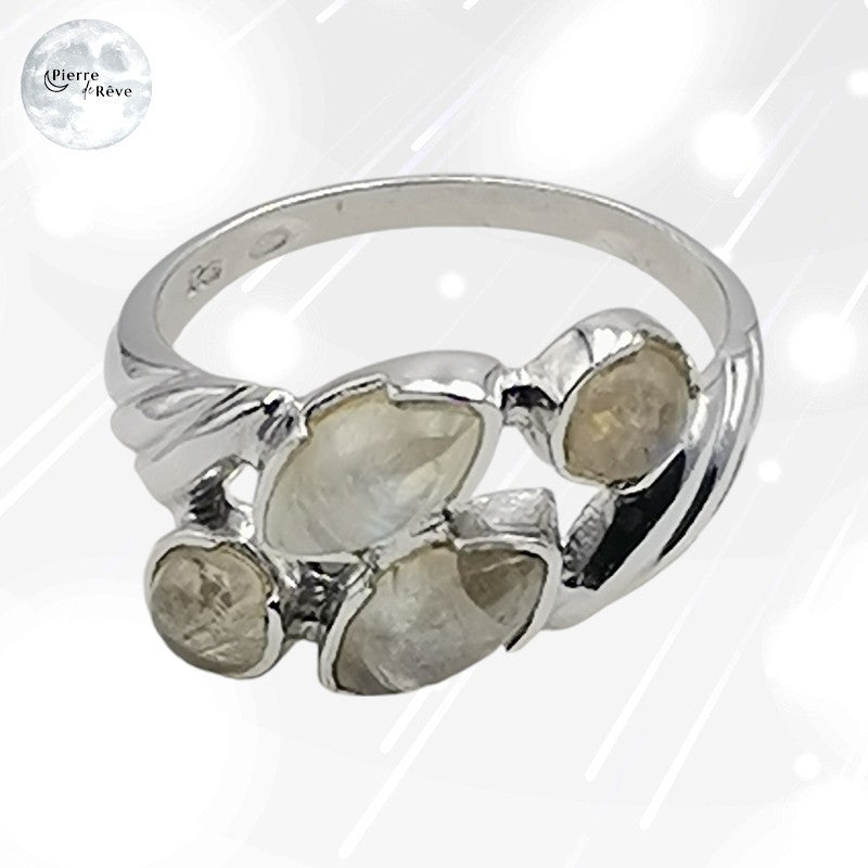 bague en pierre de lune naturelle véritable et argent rhodié pour femme